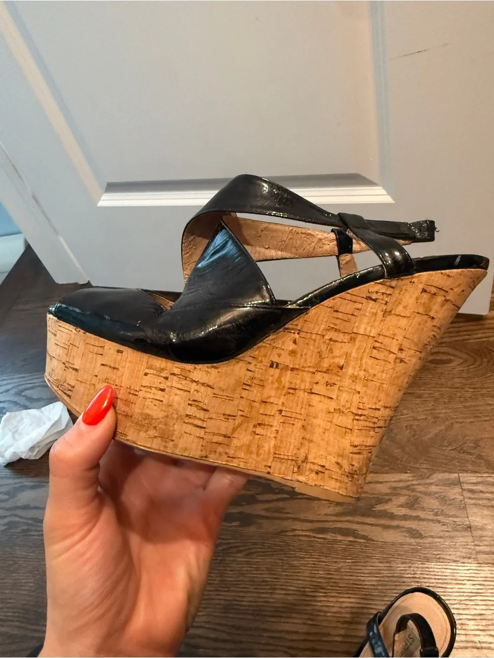 Steve Madden Black Patent Cork Wedge Sandals - Crisscross Slingback